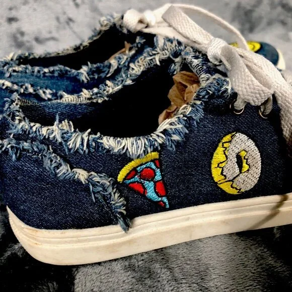 Denim Canvas Sneakers With Embroidered Smiley & Icons Frayed Detail - Picture 9 of 11